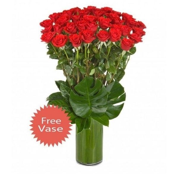 Red Roses Fresh Flower Arrangement in a Tall Glass Vase - 36Roses
