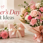 Mother's Day Gift Ideas banner with a pink roses and lilies bouquet and a pink gift box