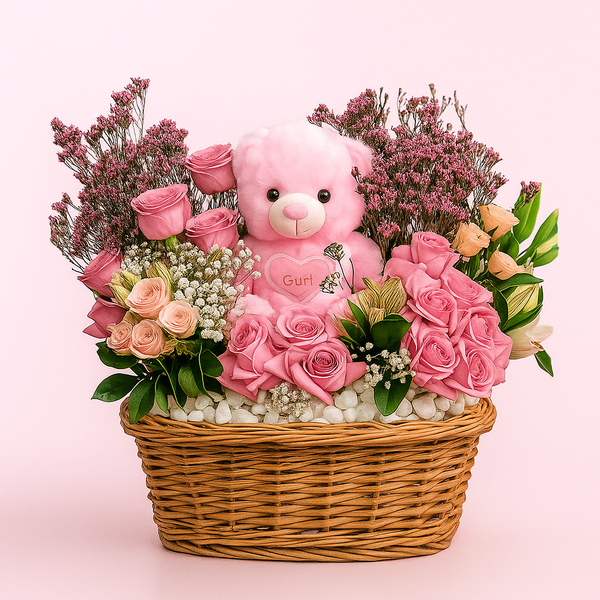 Rosey Pink Teddy on a Acrylic Tray Flower Arrangement