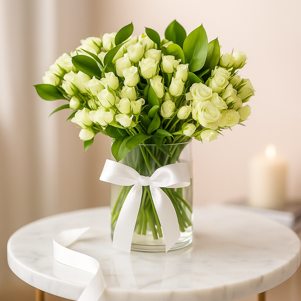 Purity  MiniRoses on a Glass Vase