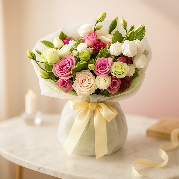 Hand tied bouquet in classic white pink shade