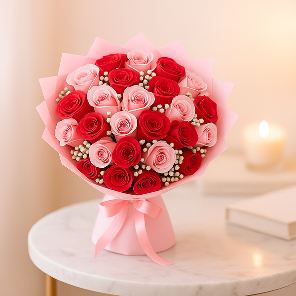 Love & Romance Pink & Red Roses Fresh Flower Hand Bouquet