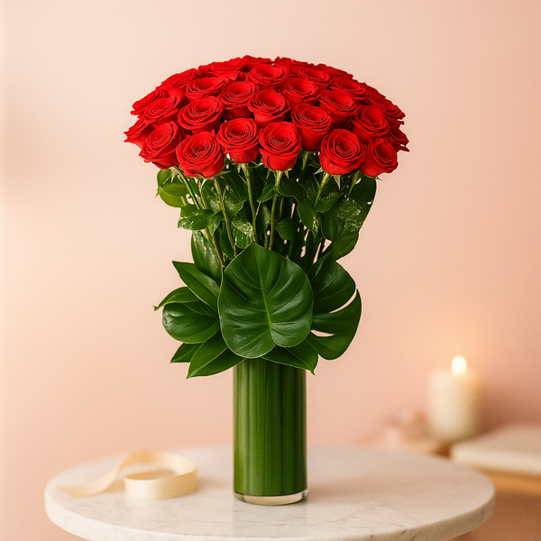 Red Roses Fresh Flower Arrangement in a Tall Glass Vase - 36Roses