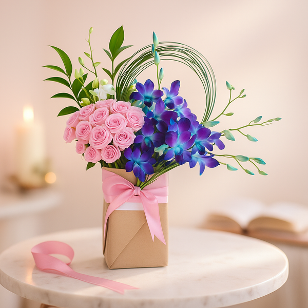 Purple Orchids Pink Roses Fresh Flowers Arrangements