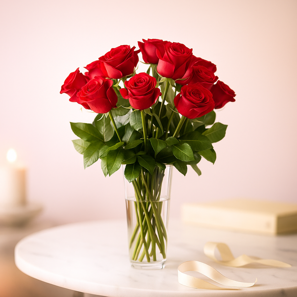 Dozen of Love Red Roses Fresh Flower Arrangement on a Glass Vase
