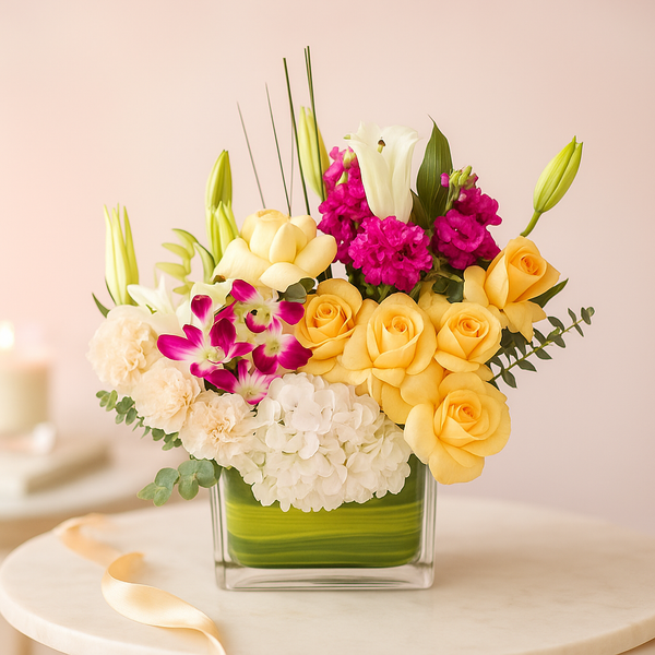 Vivid Colors Mixed Flowers on a Glass Vase
