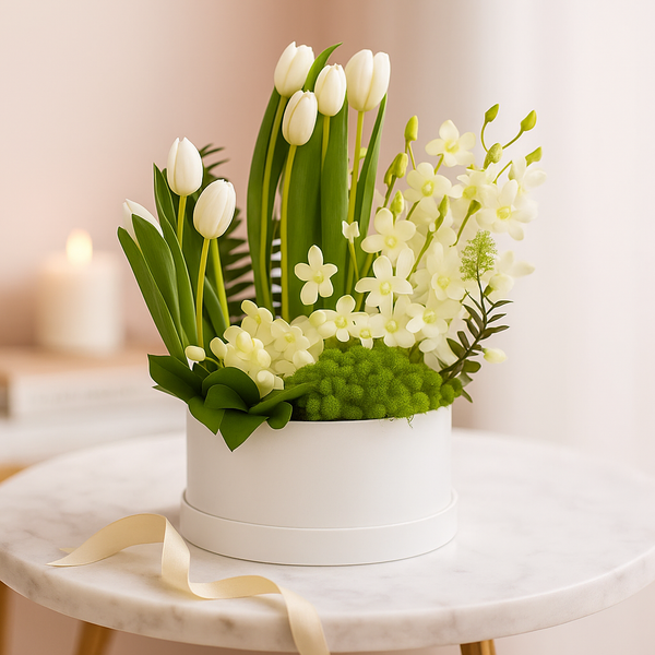 Harmonious Pure White Tulips and Orchids Flowers  Arrangement