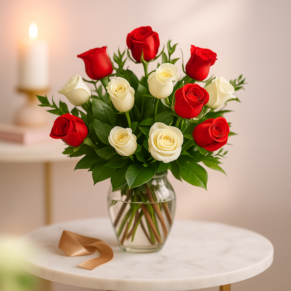 Love You 12 Red & White Roses