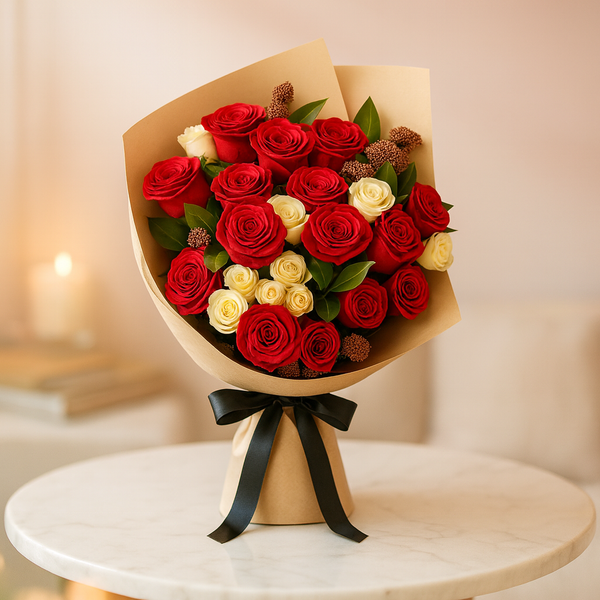 Rosy Glow – Red Roses with White Accents