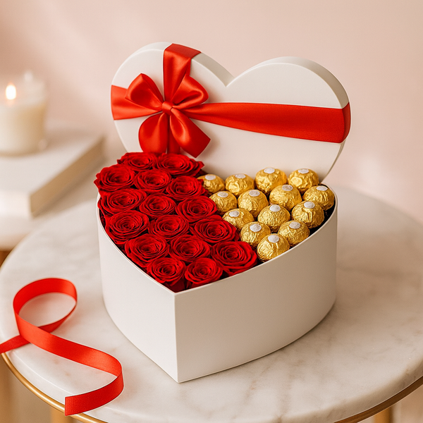 Roses and Ferrero in White Heart Box