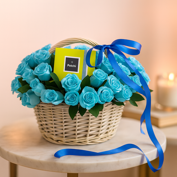 Blue Romantic Roses Flower Arrangement with Patchi Chocolate
