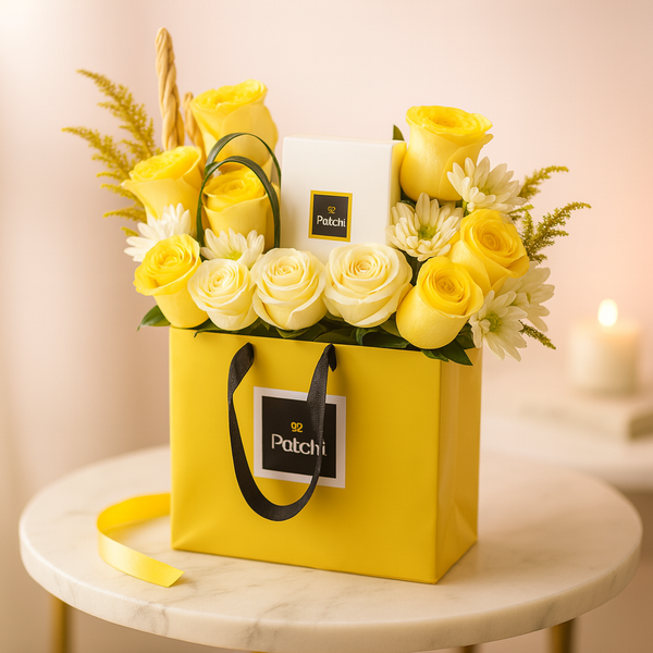 Bag of Sweetness and Roses Flower Arrangement with Patchi Chocolate
