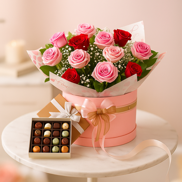 Pink and Red Roses With Chocolates