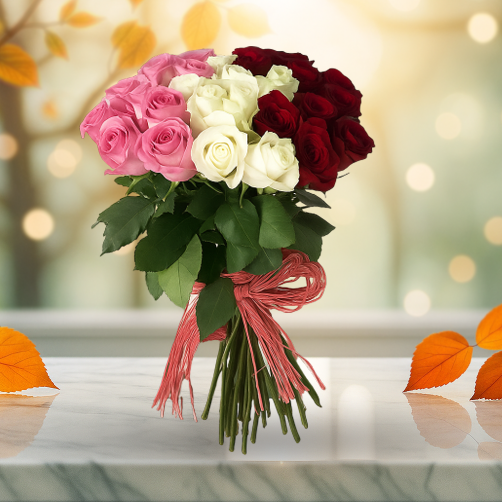 24 Tri-Color Roses Organic Bouquet