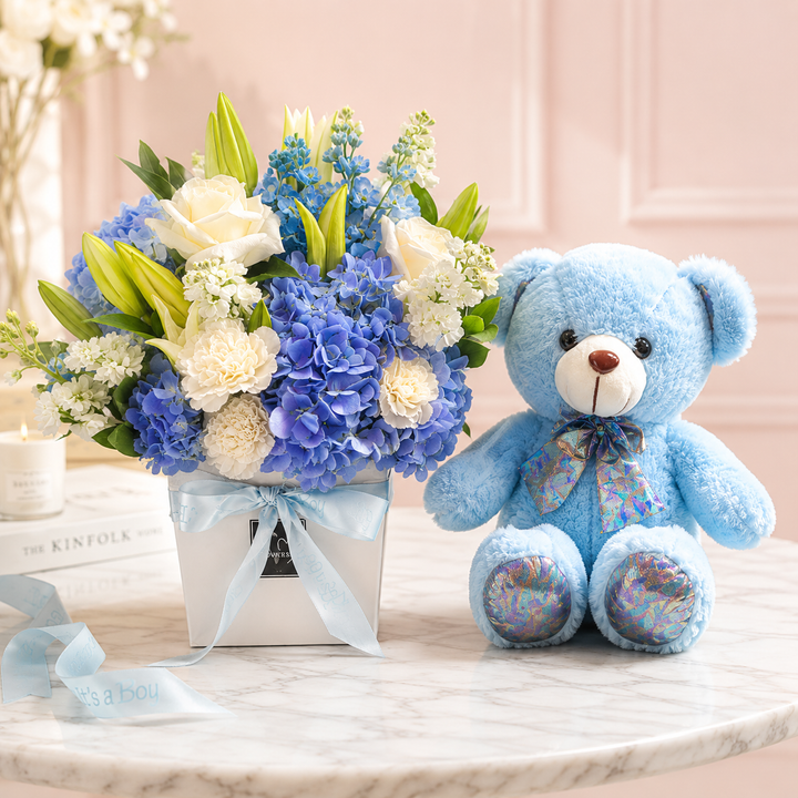 Newborn Baby Boy Bloom Box – White Lilies, Blue Accents & Soft Teddy G ...