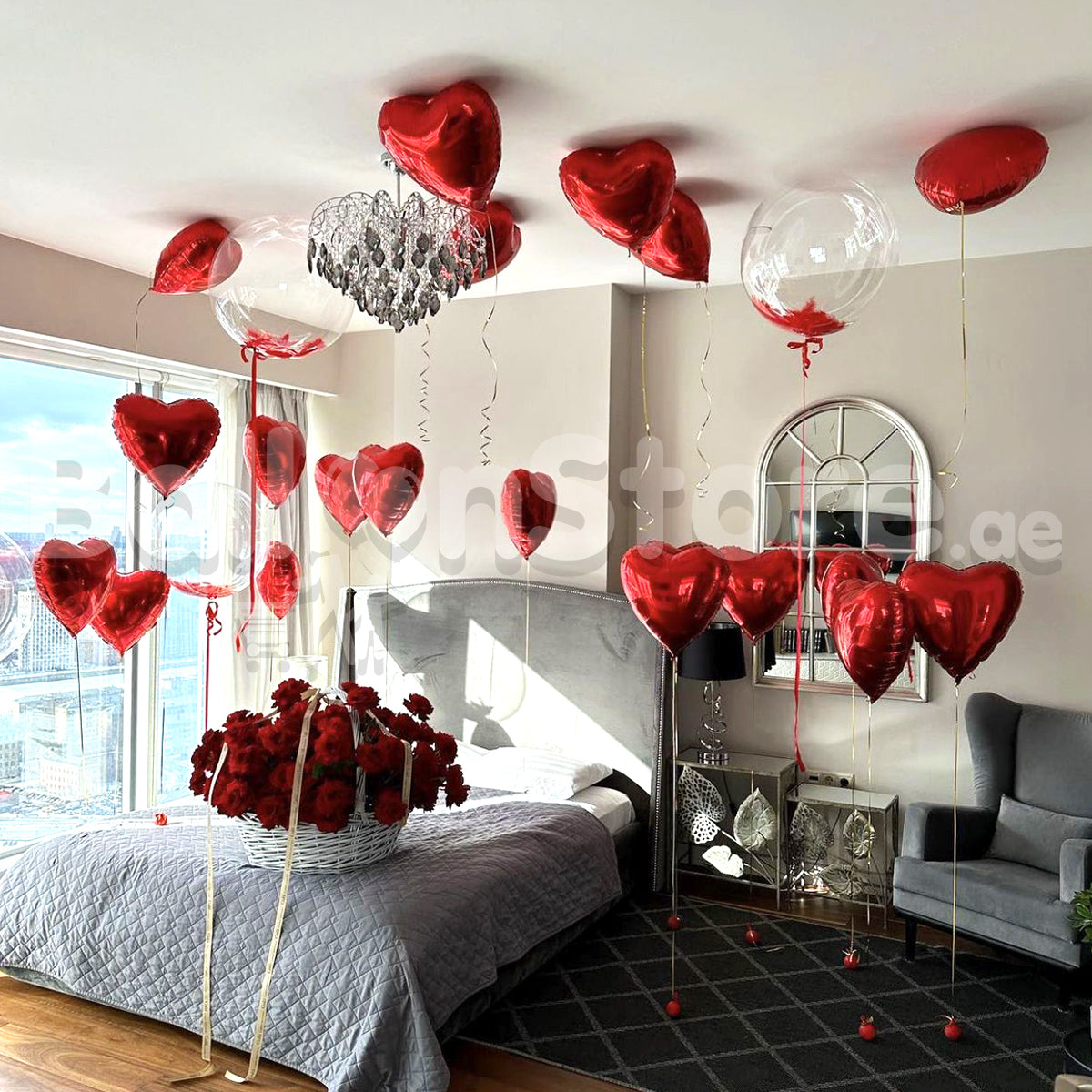 Love Red Heart Foil, Bubble Helium Balloons and Red Roses Flower Arrangement