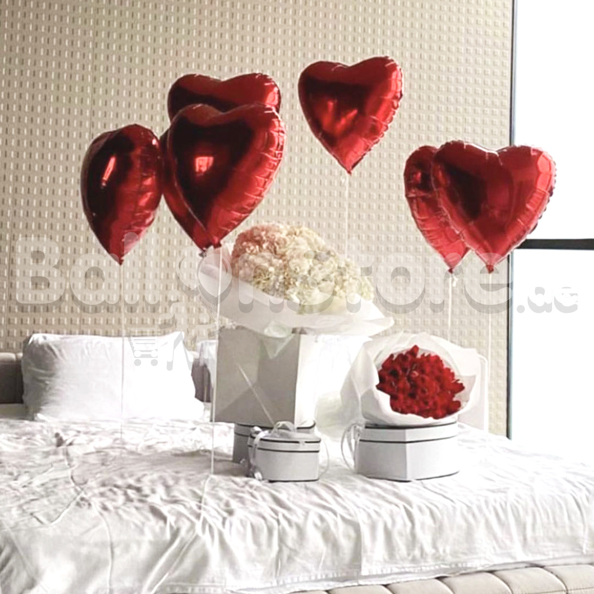 Simply  Love Red Heart Foil Helium Balloons and Hydrengea and Red Roses Fresh Flower Arrangement