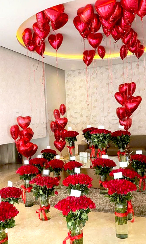 Extravagant LOVE Red Heart Foil and RED Roses Flower Arrangement