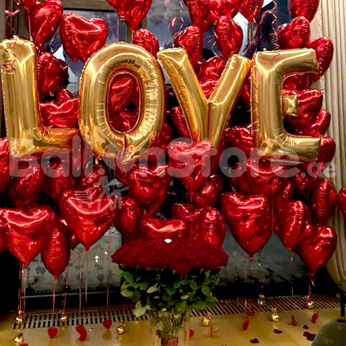 Golden L-O-V-E and  Red Heart Foil and Red Roses Flower Arrangement