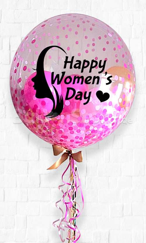 Happy Women's Day 20inches Personalized Confetti Pink Design Bubble Balloons with Balloon Stuff inside PINK PRE-ORDER 1DAY In Advance