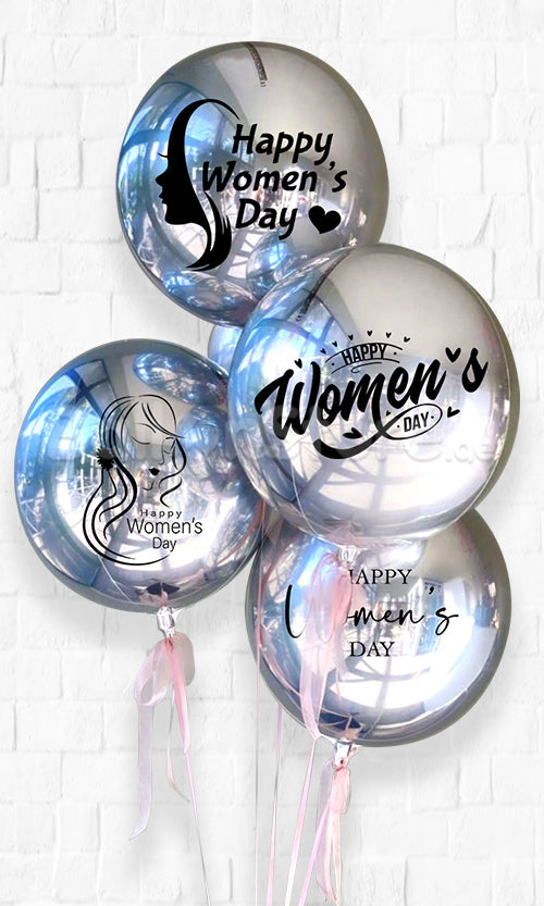 Happy Women's Day Classic Custom Text ORBZ Balloon Bouquet - 15inches Round Foil on a Holder PRE-ORDER 1DAY In Advance