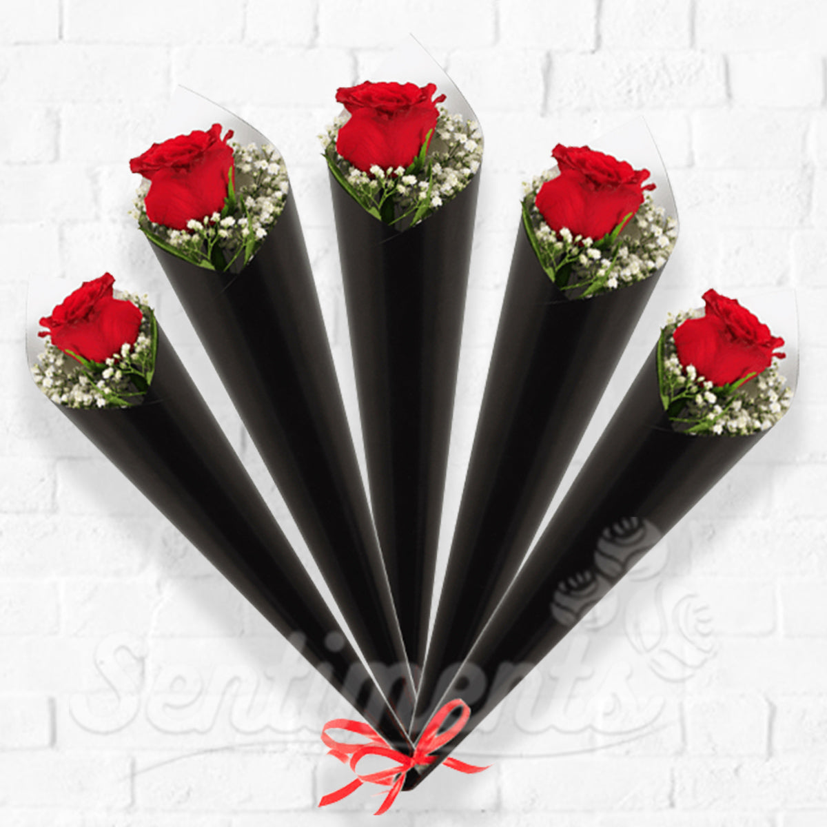 Single Red Rose With Gypsophila - Set Of 5 / 15 / 30 / 100