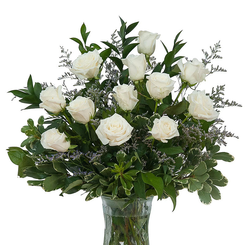 Dozen of Pure Love White Roses Fresh Flower Arrangement on a Glass Vase