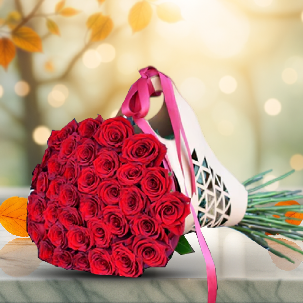 Lovely Red Roses Fresh Flower Hand Bouquet Cream HolderWrapper