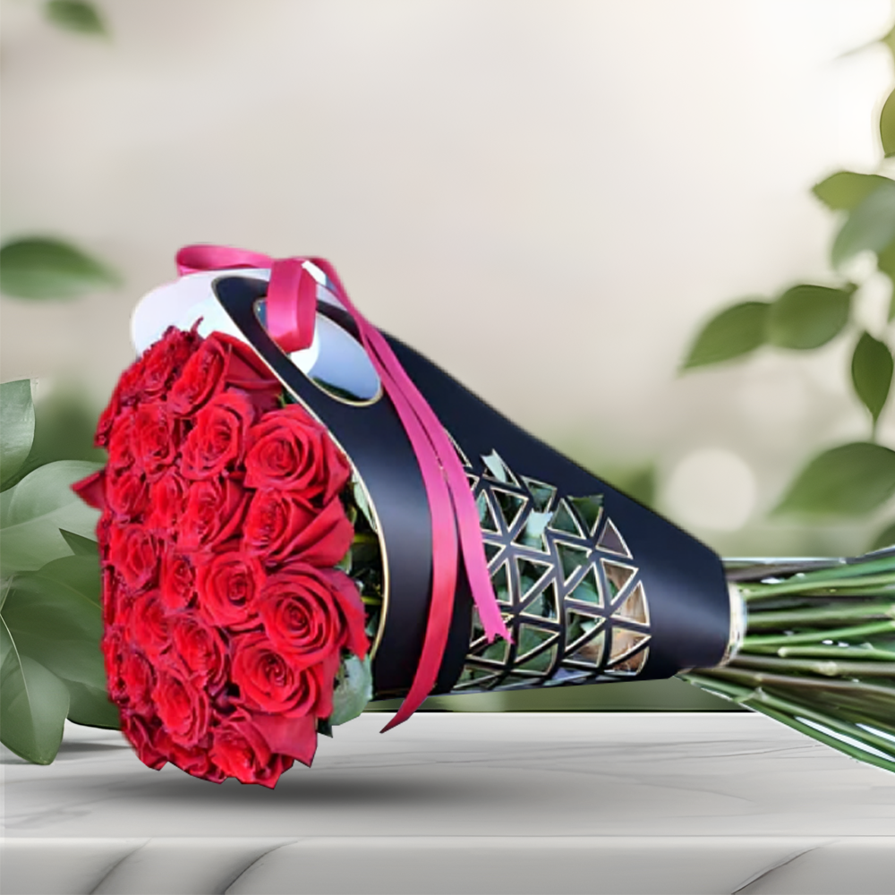 Lovely Red Roses Fresh Flower Hand Bouquet with Black HolderWrapper