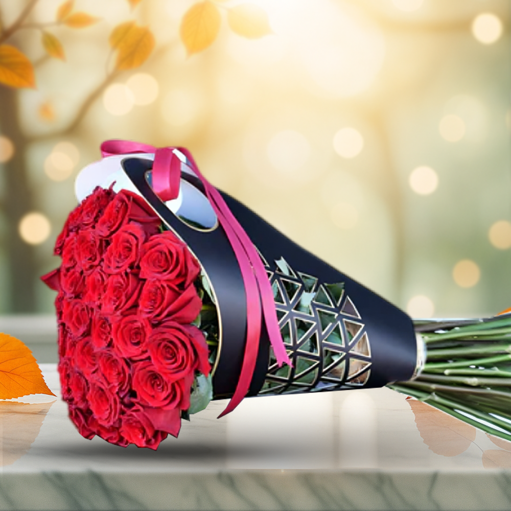 Lovely Red Roses Fresh Flower Hand Bouquet with Black HolderWrapper