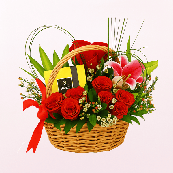 Basket of Blooms Mixed Fresh Flower Arrangement with Patchi Chocolate