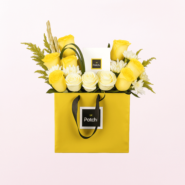Bag of Sweetness and Roses Flower Arrangement with Patchi Chocolate