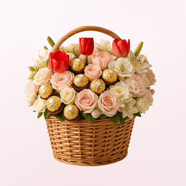 Mixed Fresh Flowers and Roses Arrangement with Ferrero Chocolate