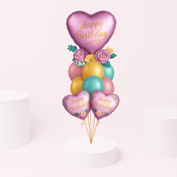 BIRTHDAY SATIN HEARTS AND CHROME BALLOON BOUQUET