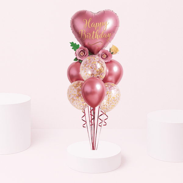 BIRTHDAY SATIN HEARTS CHROME AND CONFETTI BALLOON BOUQUET