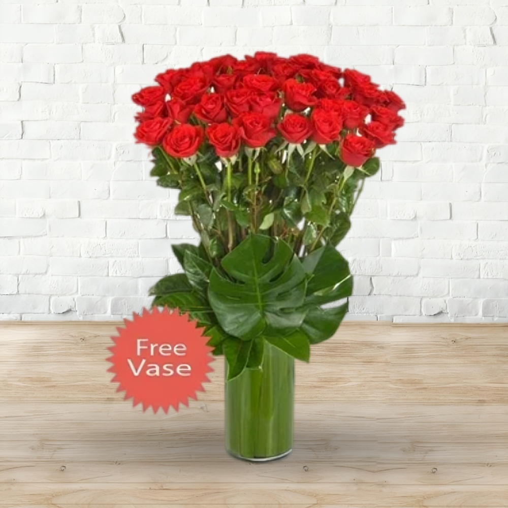Red Roses Fresh Flower Arrangement in a Tall Glass Vase - 36Roses