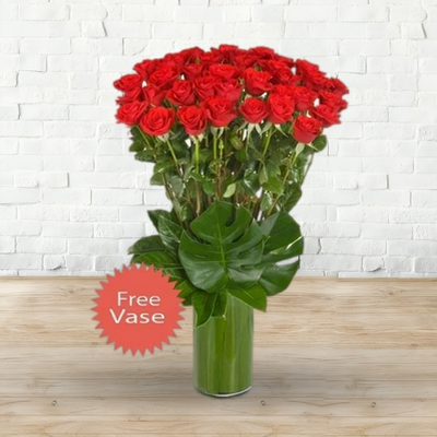 Red Roses Fresh Flower Arrangement in a Tall Glass Vase - 36Roses