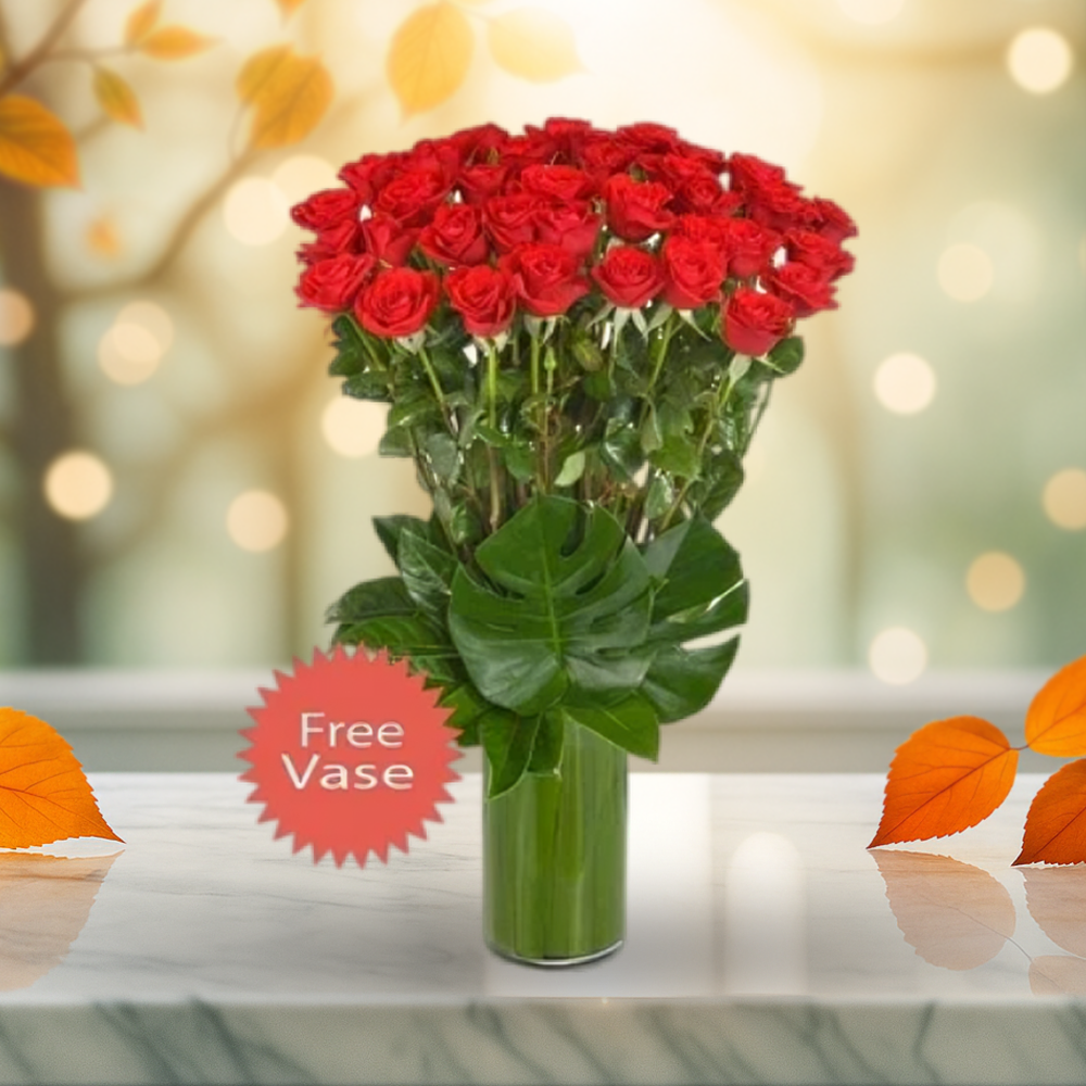 Red Roses Fresh Flower Arrangement in a Tall Glass Vase - 36Roses