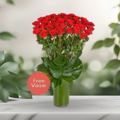Red Roses Fresh Flower Arrangement in a Tall Glass Vase - 36Roses