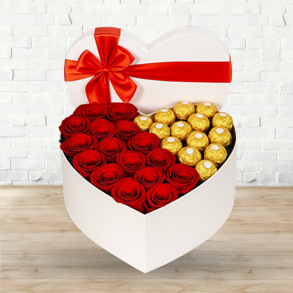 Roses and Ferrero in White Heart Box