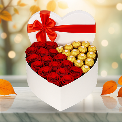 Roses and Ferrero in White Heart Box