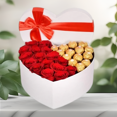 Roses and Ferrero in White Heart Box