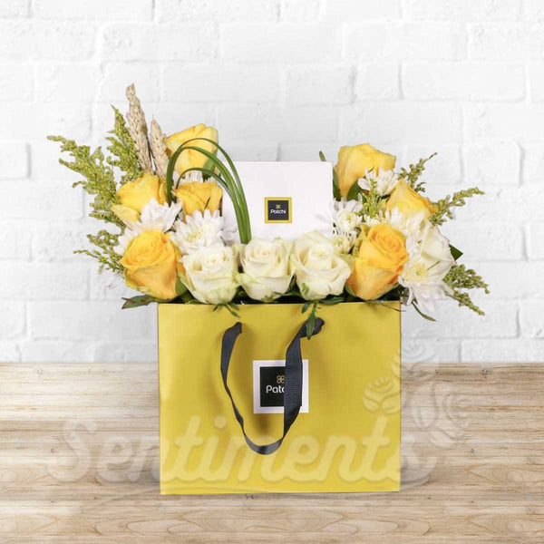 Bag of Sweetness and Roses Flower Arrangement with Patchi Chocolate