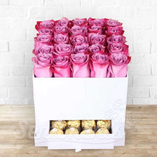 25 Purple Fresh Roses Arrangement with Ferrero Chocolate
