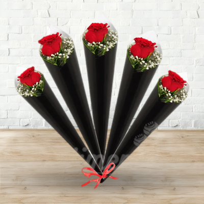 Single Red Rose With Gypsophila - Set Of 5 / 15 / 30 / 100