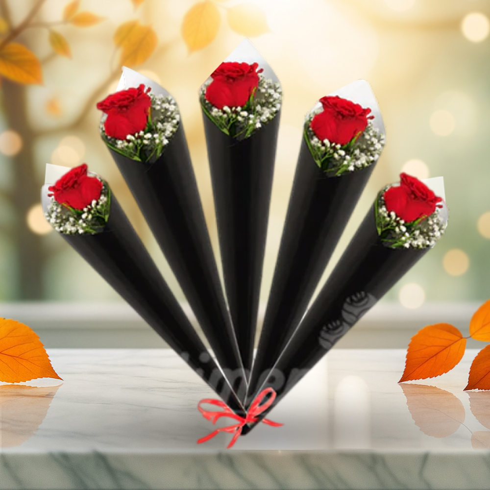 Single Red Rose With Gypsophila - Set Of 5 / 15 / 30 / 100