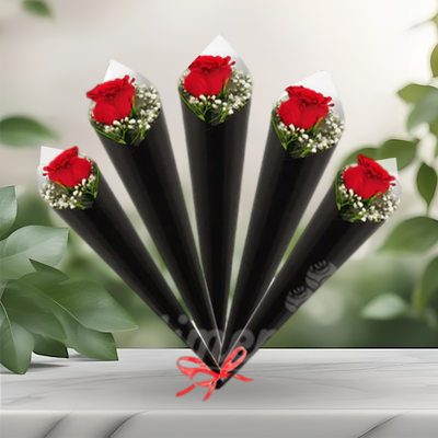 Single Red Rose With Gypsophila - Set Of 5 / 15 / 30 / 100
