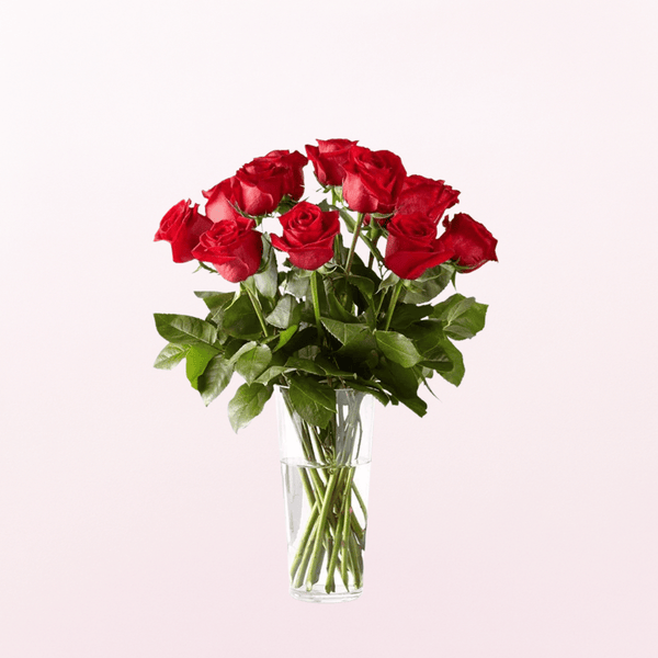 Dozen of Love Red Roses Fresh Flower Arrangement on a Glass Vase
