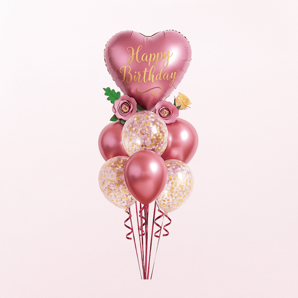 BIRTHDAY SATIN HEARTS CHROME AND CONFETTI BALLOON BOUQUET