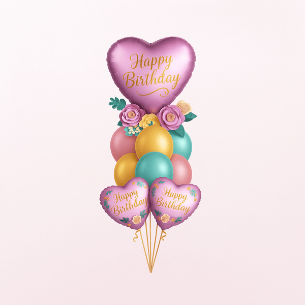 BIRTHDAY SATIN HEARTS AND CHROME BALLOON BOUQUET